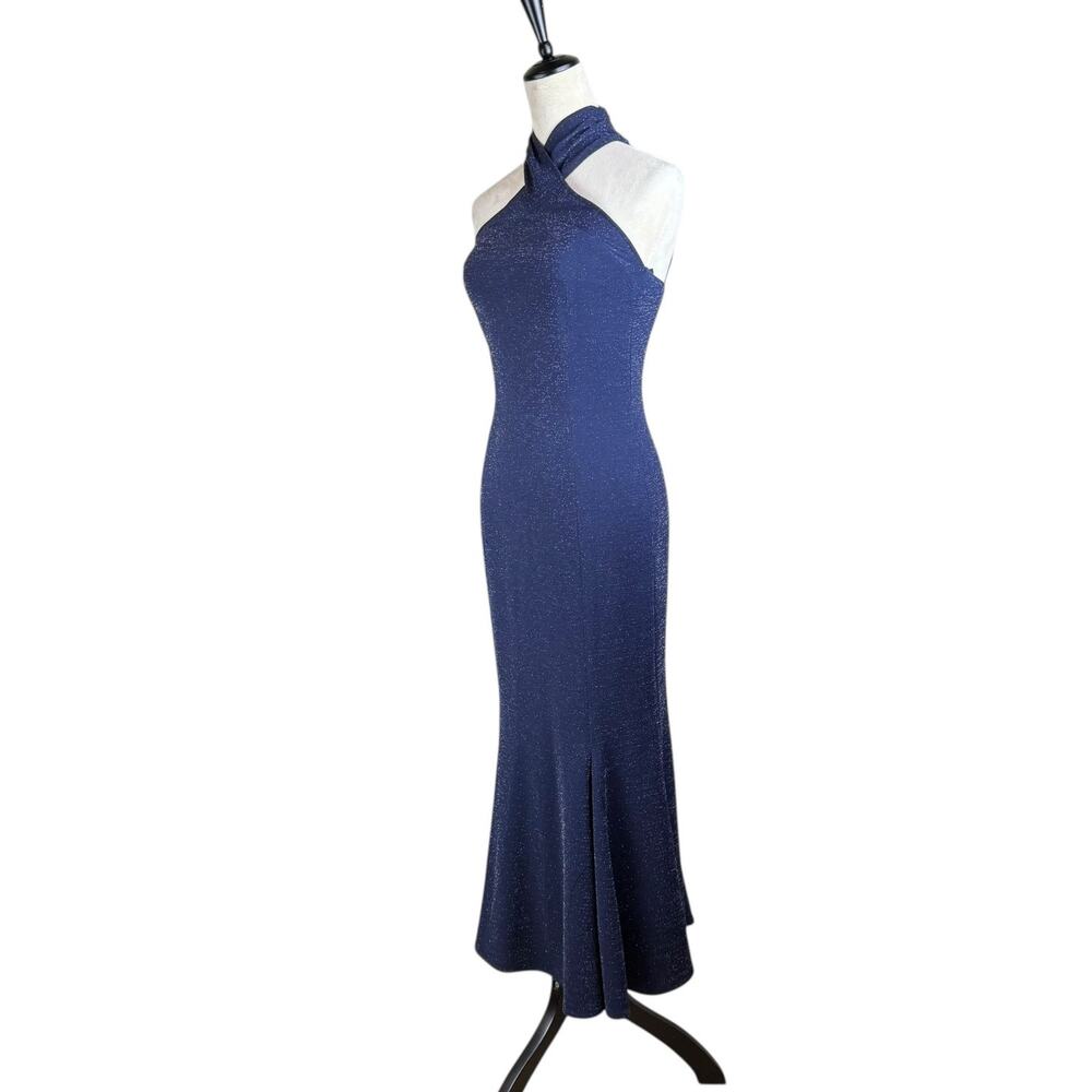 Tahari ASL Navy Sparkle Crossover Halter Slim Maxi Formal Cocktail Dress Gown - Picture 2 of 9